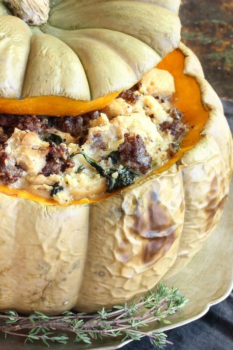 Recipe: Savory Stuffed Pumpkin with Sausage and Gruyère | Kitchn Pumpkin Recipes Savory, Savory Bread Puddings, Savory Pumpkin, Stuffed Pumpkin, Recipes Savory, Savory Pumpkin Recipes, Savory Bread, Turkey Dinner, Soft Spot