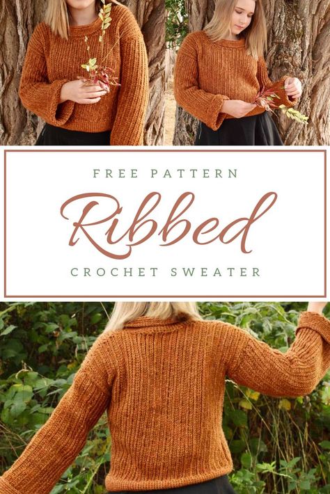 This is an easy “knit-look” sweater that is both classy and stylish.  It uses a combination of stitches to create a unique ribbed effect that is absolutely eye-catching!   Add on the rolled collar, rolled cuffs, and hem and you have  just created a fabulously unique sweater that you will love to wear all season long!  #crochetsweater #knitlook #ribbedsweater #croppedsweater #crochetfashion #fallfashion #crochetbeginner #freepattern Chunky Crochet Sweater Pattern, Crochet Neck Scarf, Crazy Crochet, Crochet Garments, Crochet Bloggers, Crochet Pullover, Ribbed Crochet, Crochet Cardigans, Crochet Neck Warmer