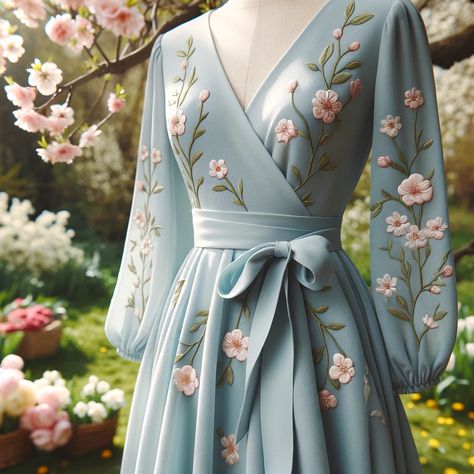 The Ultimate Guide to Blue Wedding Guest Dresses (5) Elegant Blue Floral Print V-neck Dress, Blue Wedding Guest Dresses, Garden Background, Blue Wrap Dress, Fashion Organization, Romantic Design, Wedding Guest Dresses, Design Set, Powder Blue