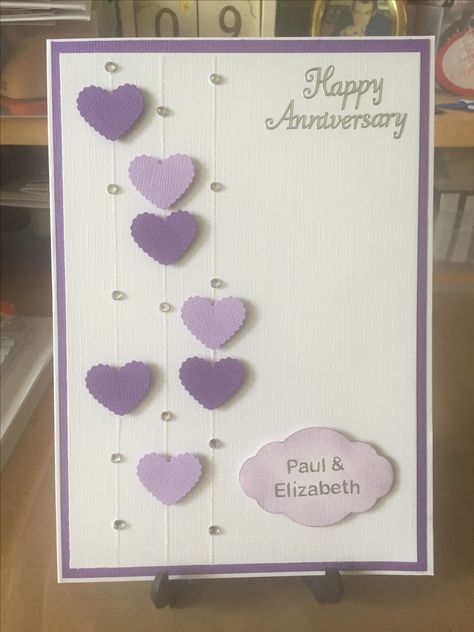 Simple Anniversary card using 2 Colours of die cut hearts. Lines put on using quickie glue pen and crystal glitter, with crystal gems. Sentiment label punched with SU punch. Idea came from another card on Pinterest Homemade Wedding Anniversary Cards, Simple Wedding Cards Design, Simple Anniversary Card, Handmade Anniversary Card Ideas, Home Made Anniversary Cards, Anniversary Homemade Cards, 25th Anniversary Cards Handmade, Anniversary Cards For Friends, Wedding Cards Handmade Simple