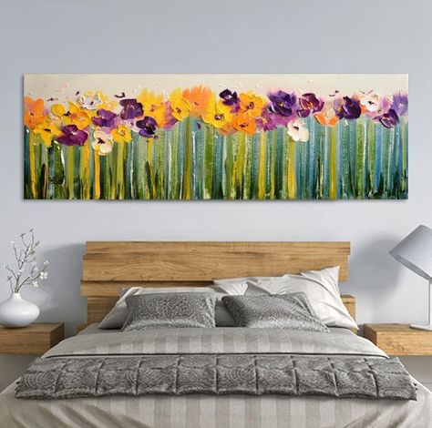 Horizontal Painting, Long Painting, Farmhouse Paintings, Greenery Decor, Flower Bedroom, Purple Wall Art, Wall Art Farmhouse, Grand Art Mural, Abstract Flower Painting