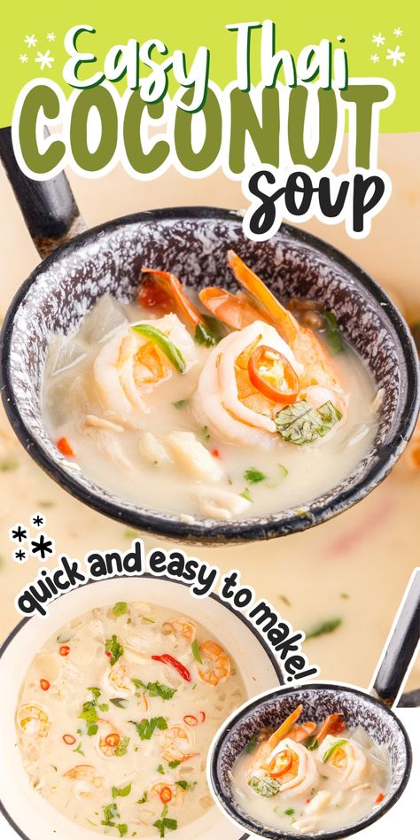 Thai Coconut Soup Coconut Seafood Soup, Tom Kai Soup Coconut Milk, Thai Soup Recipes Coconut, Thai Soups, Thai Coconut Curry Soup, Coconut Soup Recipes, Cream Based Soups, Lemongrass Paste, Thai Coconut Soup