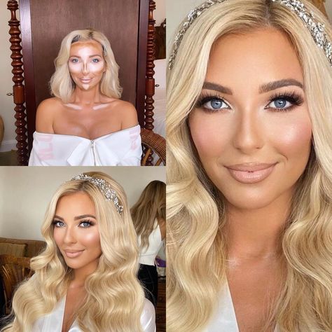 Boho Natural Wedding Makeup, Blonde Smokey Eye Make Up, Beach Bride Makeup Blue Eyes, Half Up Half Down Bridal Hair With Headband, Full Glam Makeup Blonde Hair, Elegant Wedding Makeup Brides Blue Eyes, Fall Wedding Makeup For Bride Blue Eyes Blonde Hair, Beach Wedding Makeup For Bride, Winter Wedding Makeup For Blondes