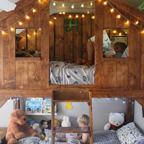 Rustic Bunk Beds For Boys Room, House Bunk Bed For Boys, Log Cabin Bunk Beds, Playhouse Bunk Bed, Treehouse Bunk Beds, Rustic Bunk Beds Cozy Cabin, Boys Cabin Bedroom, Fort Bunk Bed, Boys Bunk Beds Room Ideas