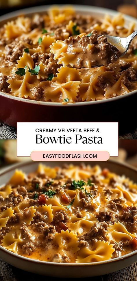 This Creamy Velveeta Beef & Bowtie Pasta is a rich, indulgent dish perfect for a quick weeknight meal or a family gathering. With creamy Velveeta cheese, hearty ground beef, and the satisfying shape of bowtie pasta, this dish is a crowd-pleaser. The creamy sauce, made with Velveeta, cream cheese, and Rotel tomatoes, comes together quickly, creating a comforting and flavorful meal that everyone will love. Cream Cheese Pasta, Creamy Pasta Dishes, Rotel Tomatoes, Velveeta Cheese, Bowtie Pasta, Supper Recipes, Quick Weeknight Meals, Creamy Pasta, Creamy Sauce