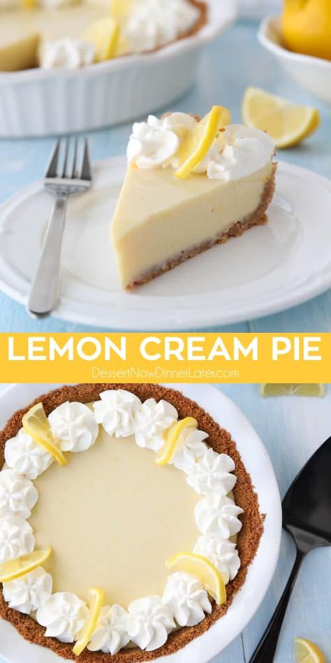 Lemon Cream Pie is creamy, tangy, and sweet with a buttery graham cracker crust, just like key lime pie. A great alternative to lemon meringue pie. Lemon Pie Receta, Lemon Meringue Pie Easy, Lemon Cream Pie, Cream Pie Filling, Lemonade Pie, Lemon Meringue Cheesecake, Lemon Pie Recipe, Lemon Cream Pies, Lemon Treats