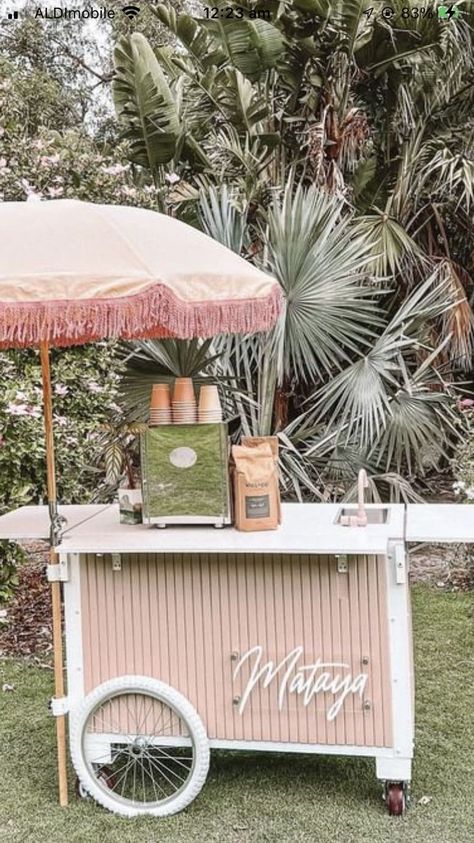 Party Food Cart Design Ideas, Snack Cart Wedding, Bar Cart Business, Mobile Slushy Bar, Mobile Drink Cart, Wedding Coffee Cart, Drink Cart Ideas, Ice Cream Cart Wedding, Mimosa Cart