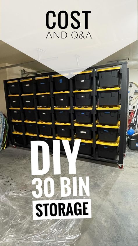 I am so happy I made this bin storage rack for 30 totes. Pretty easy too! I think you may want to do it too. #storage #binshelf #toteshelf… | Instagram Bin Storage Rack, Garage Storage Bins, Storage Bin Shelves, Rolling Storage Bins, Easy Garage Storage, Garage Organizing, Bin Rack, Diy Rack, Diy Storage Rack