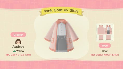 Pro Design Animal Crossing, Acnh Pro Designs, Coat With Skirt, Design Animal Crossing, Pink Coat, Animal Crossing, Video Games, Skirt, Animals