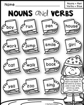 FREE Printable First Grade Nouns and Verbs Worksheet - Homeschool Giveaways Nouns And Verbs Worksheets, Verbs Worksheet, First Grade Words, Nouns Verbs Adjectives, Monthly Printable, Nouns Worksheet, 1st Grade Writing, First Grade Worksheets, First Grade Writing