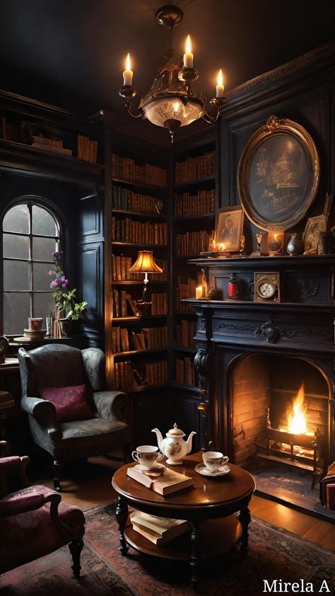 Dark Academia Reading Corner, Fireplace In Library, Dark Academia Coffee Table, Dark Home Library, Vintage Fireplace Ideas, Dark Bookshelf Styling, Moody Home Library, Old English Library, Dark Academia Bookshelf