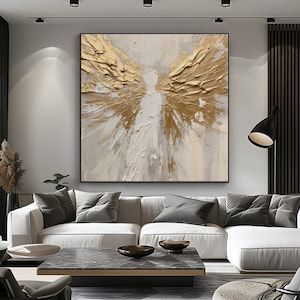 Angel Wings, Gold, 100% Hand Painted, Textured Painting, Acrylic Abstract Oil Painting, Wall Decor Living Room, Office Wall Art Angel Wings Gold, Painted Wall Decor, Banksy Paintings, Winged Angel, Gold Angel Wings, Gold Painting, Angel Painting, Pop Art Painting, Painting Wall Decor