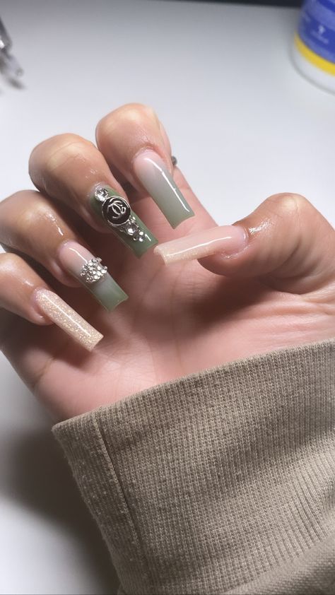 Ombre Sage Green Nails, Sage Green Ombre Nails, Sage Nails Acrylic, Sage Green And White Nails, Sage Nails Design, Sage Green Acrylic Nails, Sage Green Nail Designs, Sage Green Nails, Green Acrylic Nails