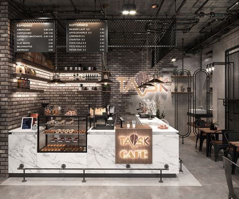 Industrial Restaurant - Task Cafe on Behance Industrial Design Interior Cafe, Industrial Coffee Shop Design, Industrial Restaurant Interior, Industrial Restaurant Design, Industrial Coffee Shop, Industrial Cafe, Industrial Shop, Bakery Design Interior, Industrial Restaurant