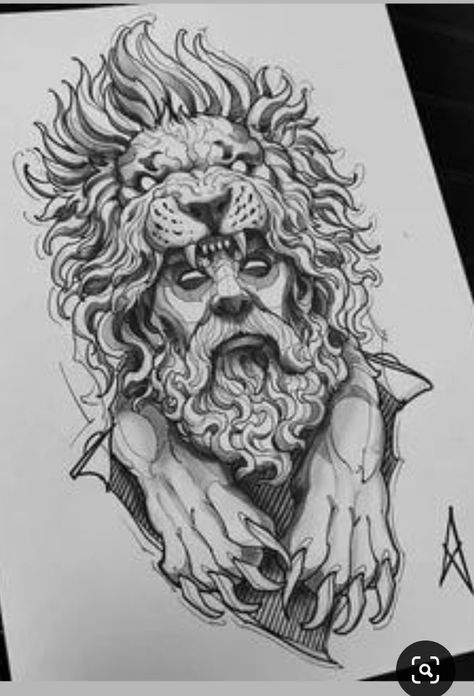 Hercules Tattoo, Fenrir Tattoo, Zeus Tattoo, Lion Sketch, Tattoo Lion, Lion Head Tattoos, Full Sleeve Tattoo Design, Greek Mythology Tattoos, Tattoo Zeichnungen