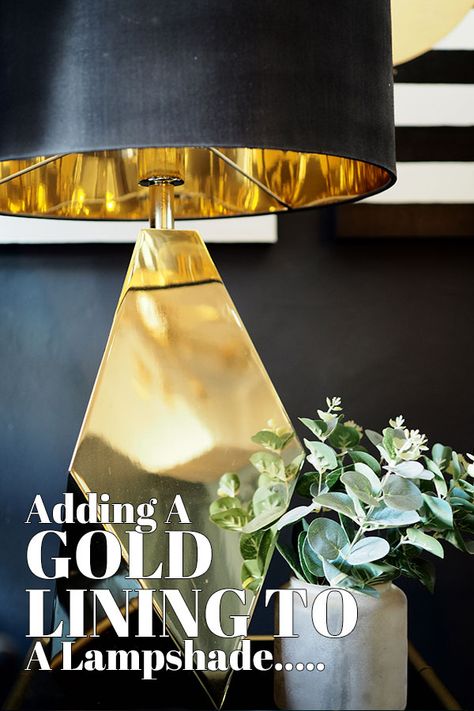 Find out how to ass a gold lining to your lampshade with my gold lampshade lining DIY. Easy to follow steps and cheap to do, you'll be amazed at the difference. Gold Leaf Decor Interior Design, Lamp Redo, Gold Lamp Shades, Lampshade Diy, Dark Interior Design, Large Lamp Shade, Painting Fabric, Lampshade Makeover, Painting Lamp Shades