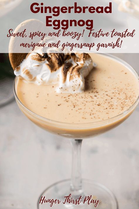 Put a festive spin on your holiday eggnog recipe! Gingerbread eggnog is sweet and spicy and best of all, easy to make! Whether you make it spiked eggnog or non-alcoholic, it's the perfect holiday drink! Meringue and gingersnap garnish makes this gingerbread eggnog recipe pop! #eggnog #gingerbread #christmas #cocktails #holidays