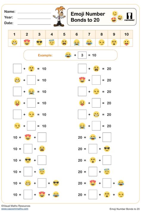 Enhance your child's Math skills with our engaging Emoji Number Bonds to 20 Worksheet. It brings a playful twist to practicing number bonds while focusing on numbers up to 10 and 20. Whether it's for World Emoji Day or any day, this worksheet provides an enjoyable way for kids to strengthen their mathematical abilities. Number Bonds To 100, Number Bonds To 20 Worksheets, Ks3 Maths Worksheets, Year 9 Maths Worksheets, Year 8 Maths Worksheets, Ks1 Maths Worksheets, Year 7 Maths, Year 5 Maths Worksheets, Year 6 Maths Worksheets