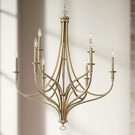 Covent Park 34" Wide Brushed Honey Gold 9-Light Chandelier Brushed Gold Chandelier, House Foyer, Living Room Lighting Tips, Entryway Chandelier, Glass Candelabra, Candelabra Chandeliers, Transitional Chandeliers, Steel Frame Construction, Minka Lavery