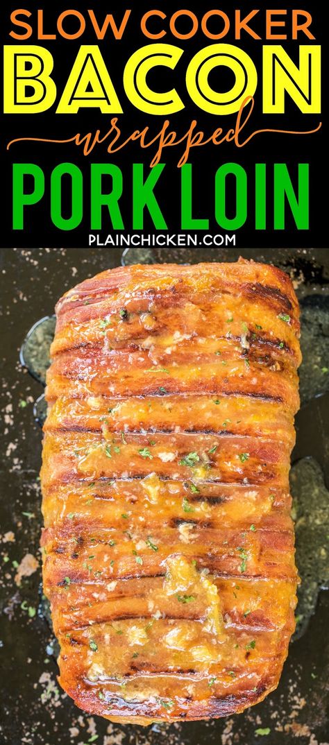 Slow Cooker Bacon Wrapped Pork Loin Recipe - fancy enough for a dinner party but easy enough for a weeknight meal! Pork loin seasoned with garlic, rosemary, red pepper flakes, salt and pepper and wrapped in bacon. Top the pork with a quick dijon fig glaze for a restaurant quality meal!!! Pop the cooked pork loin under the broiler to crisp up the bacon. Everybody LOVED this easy slow cooker pork recipe!! Pork Lion Recipes, Fig Glaze, Bacon Wrapped Pork Loin, Crockpot Pork Loin, Slow Cooker Pork Loin, Pork Loin Recipe, Crockpot Pork Tenderloin, Slow Cooker Bacon, Pork Loin Roast Recipes