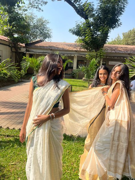 Onam Photo Ideas With Friends, Onam Pictures Aesthetic, Onam Saree Poses With Friends, Trio Saree Poses, Malayali Aesthetic, Onam Pics, Saree Poses With Friends, Onam Poses, Onam Photoshoot Ideas