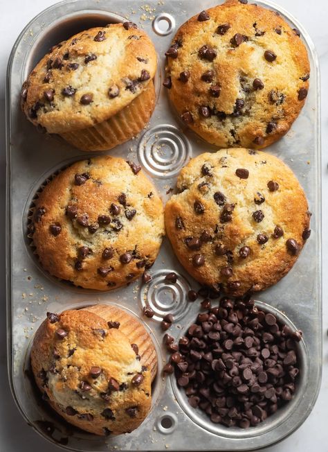 Bakery Style Chocolate Chip Muffins - Browned Butter Blondie Bakery Style Chocolate Chip Muffins, Homemade Chocolate Chip Muffins, Office Treats, Bakery Breakfast, Chocolate Muffin, Bakery Style Muffins, Bake Recipes, Muffin Man, Best Bakery