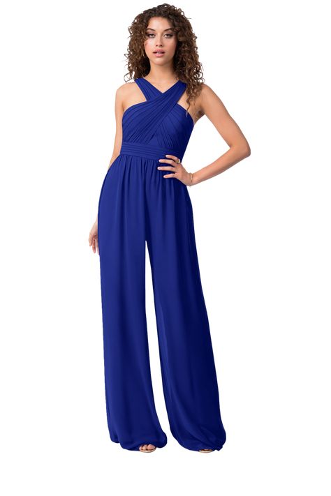 Berdie is our bridesmaid jumpsuit cut from chiffon. She comes with a pleated crossover bodice paired with a pleated waistband. The look is completed with wide-legged pants for a flattering fit. Wide Leg Pants Bridesmaid, Bridesmaid Jumpsuit, Bridesmaids Jumpsuits, Royal Blue Bridesmaid Dresses, Blue Bridesmaid Dress, Floor Length Chiffon Bridesmaid Dresses, Jumpsuit Blue, Azazie Bridesmaid Dresses, Class Reunion