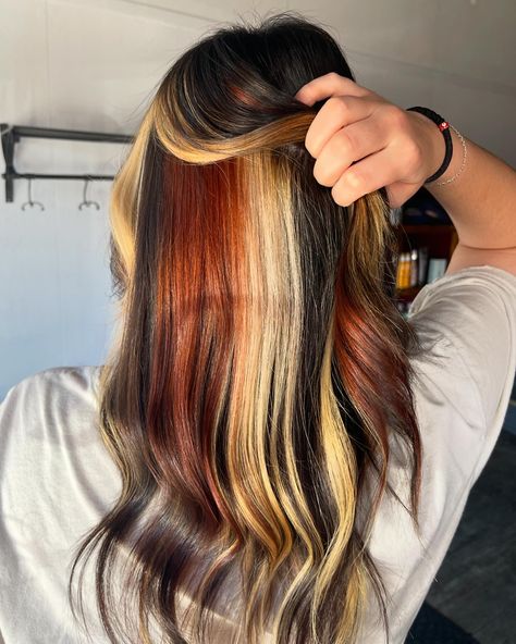 Screaming, crying &throwing up at this hair color 😍 ugh I love this #calicohair trend right now! My favorite part is that it’s so customizable from the dark, the blonde and the red/copper. Feel free to message me about getting your calico hair done 🧡 - - #calicohaircolor #calicohairtrend #calico #hairstylist #smalltownstylist Calico Underneath Hair, Flame Hair Dye, Calico Halo Hair, Hidden Red Hair, Calico Hair Straight, Calico Hair Underneath, Calico Hair Blonde, Calico Hair Peekaboo, Red Calico Hair