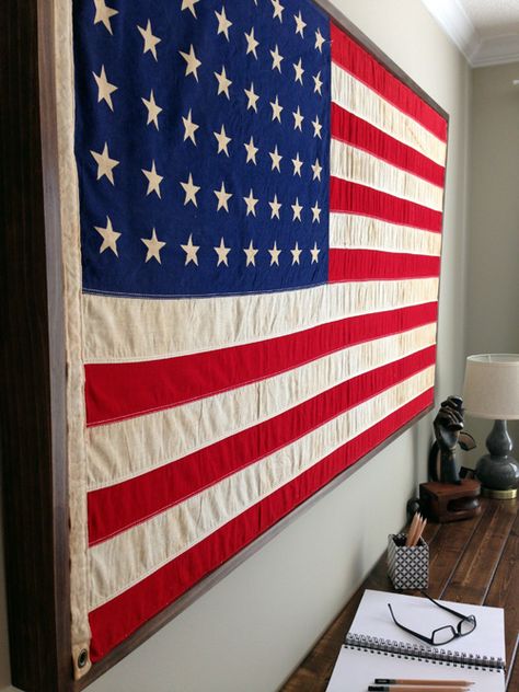 American Flag Living Room, Restoration Hardware Design, Army Bedroom, Restoration Hardware Home, Flag Hanging, Flag Display, Cottage Market, Framed Flag, Patriotic Decor