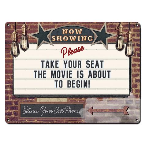 Now Showing Please Take Your Seat, 12 x 16 Inch Metal Sign, Vintage Home Theater Decor, Wall Marquee for Movie, Media, Cinema Room, Gifts for Movie Lovers, Actor, Actress, Screenwriter, RK3078 12x16 Movie Theater Chairs, Gifts For Movie Lovers, Vintage Movie Theater, Movie Theatre Seats, Theater Decor, Texaco Vintage, Theatre Sign, Cinema Seats, Movie Decor