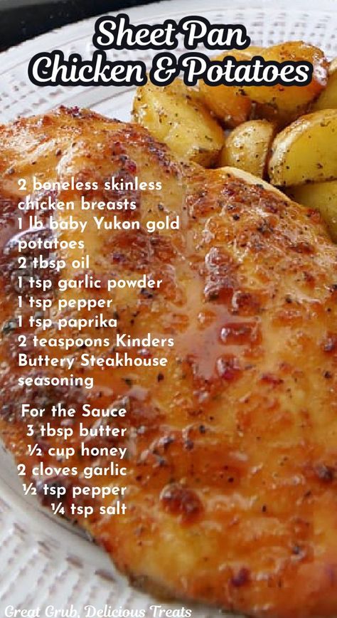 A piece of chicken and potatoes on a plate with the ingredient list listed in the foreground of the photo. Chicken And Potatoes Sheet Pan Dinner, Quick And Easy Chicken Breast Recipes, One Pan Dinners Chicken, Sheet Pan Chicken And Potatoes, Boneless Chicken Breast Recipes, Pan Chicken Breast, Boneless Skinless Chicken Breast Recipes, Fried Chicken Breast Recipe, Skinless Chicken Breast Recipes