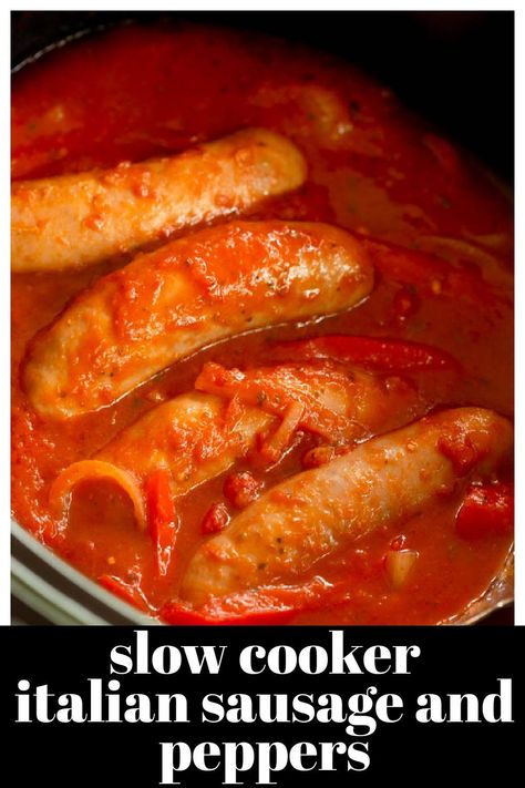 Slow Cooker Italian Sausage and Peppers is an easy, four ingredient slow cooker recipe that is perfect for a busy weeknight! This recipe uses Italian sausages, red onion, bell pepper, and marinara and is perfect served on hoagies topped with cheese. This slow cooker meal is sure to be a family favorite dinner. Recipes Using Italian Sausage, Slow Cooker Italian Sausage, Italian Sausage And Peppers, Vegetable Slow Cooker, Slow Cooker Italian, Sausage Marinara, Bratwurst Recipes, Sausage Crockpot, Slow Cooker Meal