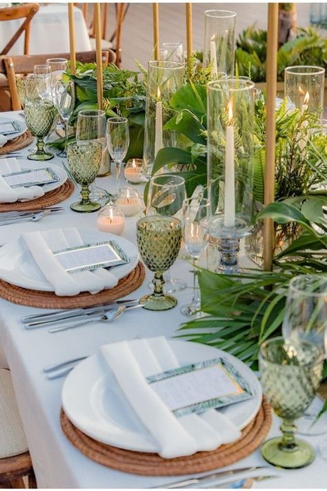 Green Destination Wedding, Sage Destination Wedding, Ceremony Outdoor Decor, Tropical Theme Table Setting, Modern Colorful Wedding Decor, Tropical Boho Table Setting, Tropical Indoor Wedding, Tiki Wedding Centerpieces, Tropical Wedding Greenery