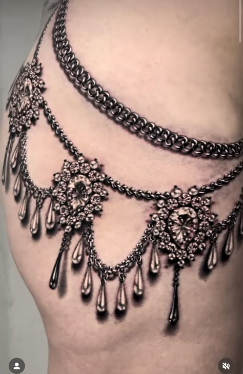 Lace Collar Tattoo, Victorian Jewelry Tattoo, Back Chandelier Tattoo, Lace Chandelier Tattoo, Gothic Chandelier Tattoo, Gothic Wedding Shoulder Jewelry, Ryan Ashley Tattoos, Chain Tattoos, Sternum Chandelier Tattoo