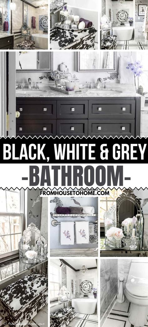 Black, White And Grey Bathroom Makeover Ideas | Master Bathroom Ideas Dark Gray Bathroom Cabinets, Black Gray And White Bathroom, Grey And White Bathroom Ideas Modern, Black White And Grey Bathroom Ideas, Black And Gray Bathroom Ideas, Timeless Remodel, Black White Gray Bathroom, Black White Grey Bathroom, Black White And Gray Bathroom