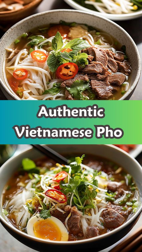 Homemade Pho Recipe, Authentic Pho Recipe, Vietnamese Pho Soup Recipe, Pho At Home, Authentic Pho, Homemade Pho, Pho Soup Recipe, Flat Rice Noodles, Bowl Of Pho