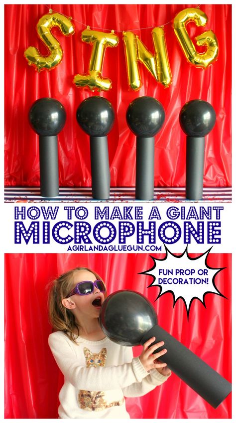 Learn how to make these awesome giant microphone- perfect for a karaoke sing movie party! #SingMovie #ad Diy Microphone, Music Theme Birthday, Movie Night For Kids, Sing Movie, Rock N Roll Party, Kids Movie, Alamo Drafthouse, Rock Star Party, Karaoke Party