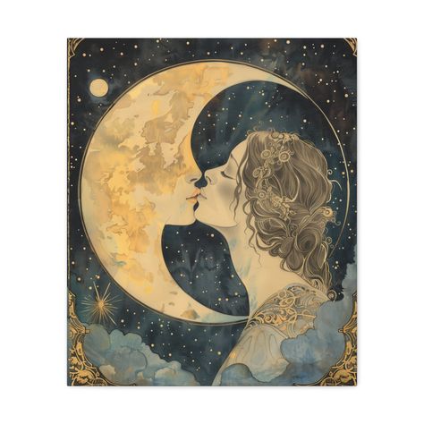 Woman Kissing Moon, Vintage Celestial Art, Moon Canvas Art, Crescent Moon Art, Vintage Celestial, Moon Canvas, Art Moon, North Carolina Homes, Celestial Art