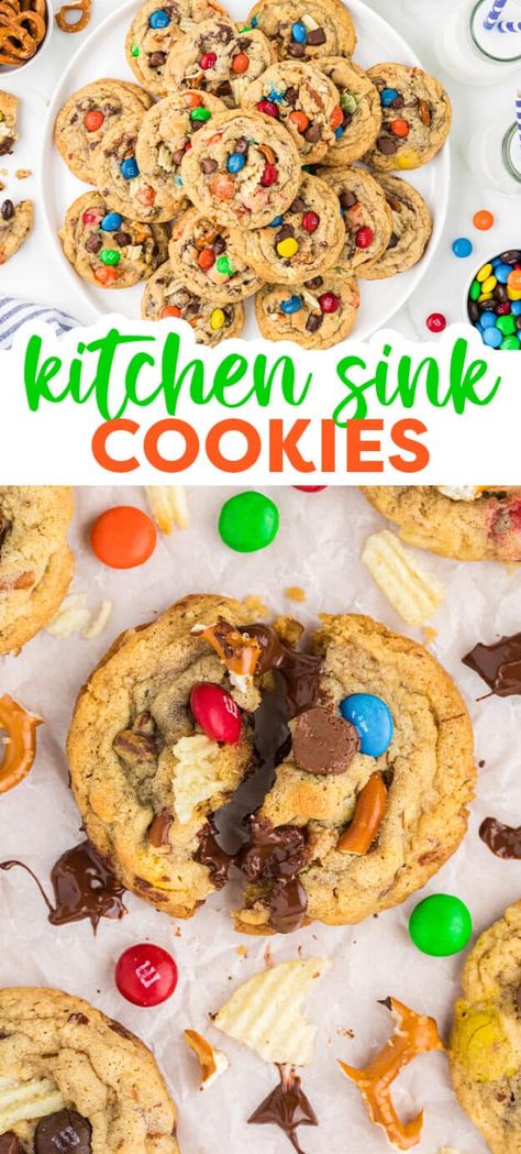 Kitchen Sink Cookies Garbage Cookies, Sink Cookies, Kitchen Sink Cookies, Everything But The Kitchen Sink, Milk Chocolate Chips, Chewy Cookie, I Want To Eat, Semisweet Chocolate, Cookie Sheet