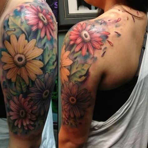 03 Flower Tattoo Sleeve Easy Half Sleeve Tattoos, Flower Tats, Colorful Flower Tattoo, Girls With Sleeve Tattoos, Beautiful Flower Tattoos, Tattoos For Women Half Sleeve, Daisy Tattoo, Flower Tattoo Shoulder, Flower Tattoo Arm