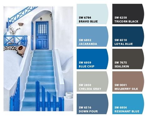 ColorSnap by Sherwin-Williams – ColorSnap by Michelle P. Mediterranean Blue Paint Colors, Santorini Color Palette, Greece Color Palette, Greek Bedroom, Mediterranean Color Palette, Mediterranean Living Rooms, Santorini House, Greek Decor, Colourful Living Room Decor