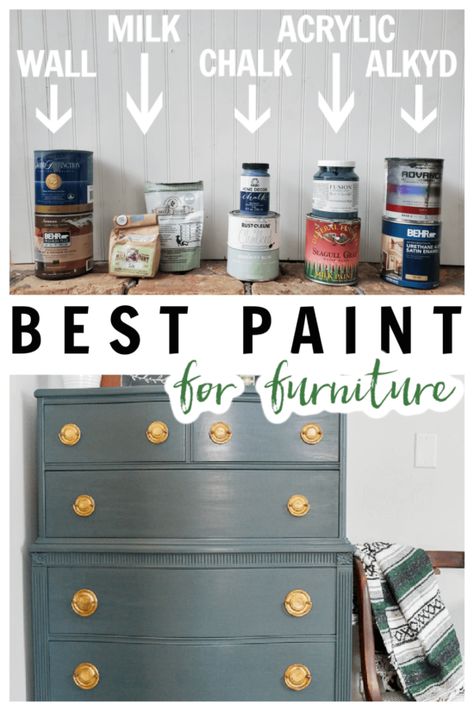 Compares 5 of the best kinds of paint for furniture Best Milk Paint For Furniture, Chalk Paint Alternatives, Steps To Painting Furniture, Navy Painted Furniture Ideas, Paint Wood Furniture Ideas, Diy Refinishing Furniture Wood, Alkyd Paint Furniture, Best Type Of Paint For Furniture, Diy Paint Wood Furniture