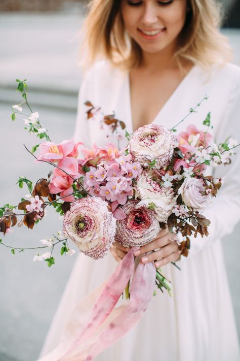 Wedding bouquet with ranunculus, tulips and cherry blossoms Cherry Blossom Wedding Bouquet, Sakura Bouquet, Cherry Blossom Bouquet, Flower Shoot, Cherry Blossom Wedding Theme, Cherry Blossom Decor, Sakura Wedding, Cherry Blossom Wedding Invitations, Blossom Bouquet