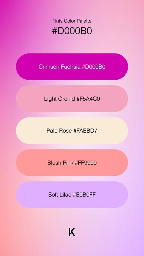 Tints Color Palette Crimson Fuchsia #D000B0 · Light Orchid #F5A4C0 · Pale Rose #FAEBD7 · Blush Pink #FF9999 · Soft Lilac #E0B0FF Neon Pink Color Palette, Hot Pink Color Palette, Pink Color Palette, Magenta Rose, Hex Color Palette, Color Palette Pink, Hot Pink Color, Brand Color Palette, Color Codes