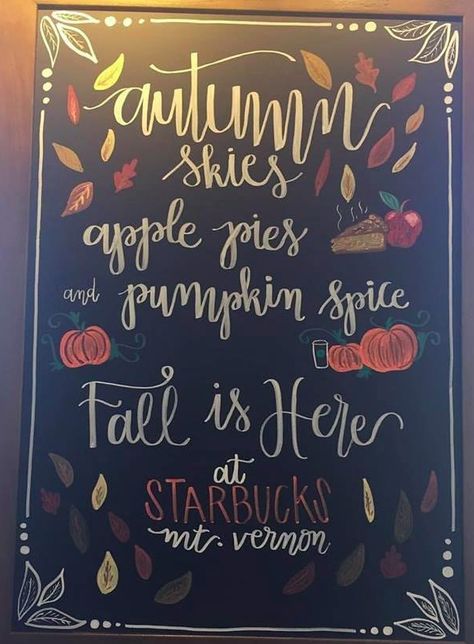 Fall is here, which means so are Pumpkin Spice Lattes. Find the perfect colors for every season with Kassa Chalk Markers. Liquid Chalk Markers Ideas, Starbucks Chalkboard, Fall Chalkboard Art, Pumpkin Spice Sign, Chalkboard Sayings, Starbucks Ideas, Coffee Chalkboard, Chalk Markers Art, Chalk Signs