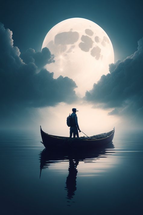 Man In Boat Drawing, Boat Painting Abstract, Boat In Water, Realistic Digital Painting, Panda Bear Art, Moon Over Water, Boat Silhouette, Moody Painting, Boat Illustration