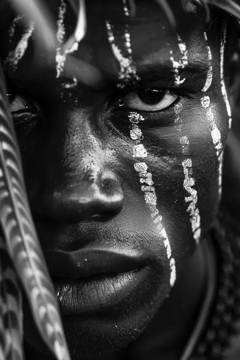 Full Color Image in ai-img-gen.com 🔸 African warrior, black and white photography, front view, African elements, --ar 2:3 🔸 From Midjourney AI Image Warrior Black And White, African Warrior, Ethnographic Art, Black And White Photograph, Close Up Portraits, Vertical Lines, White Paint, Black And White Photographs, Front View