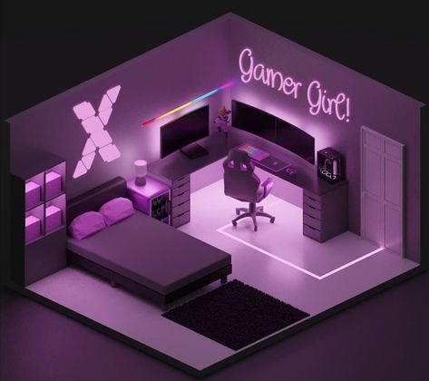 Isometric Gaming Room, Small Gaming Bedroom, Gaming Bedroom, Gamer Bedroom, Small Game Rooms, Setup Gaming, Gamer Room Decor, Video Game Room Design, Gaming Setups