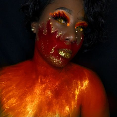 Fire makeup Fire Element Makeup, Lava Makeup, Flames Makeup, Flame Makeup, Zodiac Makeup, Fire Makeup, Fire Fairy, Fire Eyes, Fantasy Witch