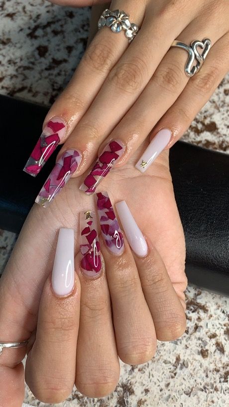 Rose Petal Nails Acrylic, Rose Encapsulated Nails, Rose Petal Nails, Bandana Nails, Burgundy Acrylic Nails, Encapsulated Nails, Luminous Nails, Hello Nails, Long Acrylic Nail Designs